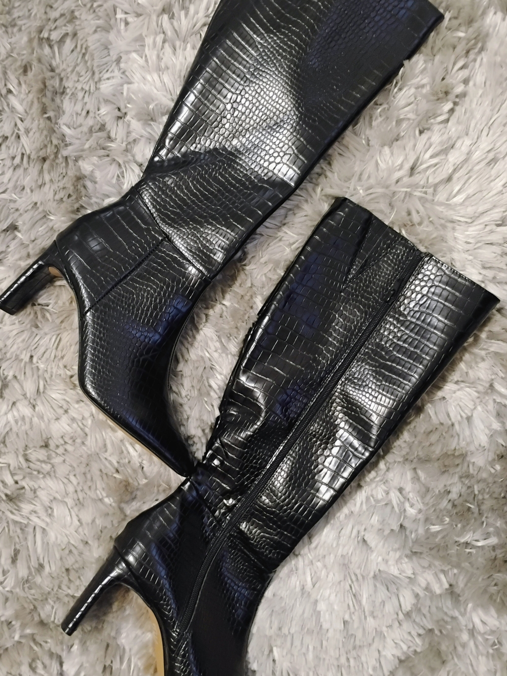 New York & Company Black Croc-Embossed Knee Boots with Slim Heel